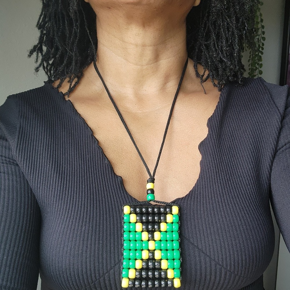 Jamaican flag car mirror Danglers/Necklace. Mini‎ Beaded Flag 2.5" x 3".